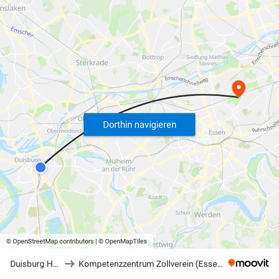 Duisburg Hbf to Kompetenzzentrum Zollverein (Essen) map