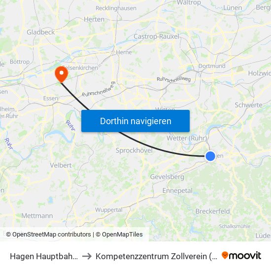 Hagen Hauptbahnhof to Kompetenzzentrum Zollverein (Essen) map