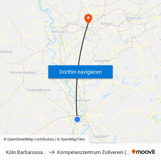 Köln Barbarossaplatz to Kompetenzzentrum Zollverein (Essen) map