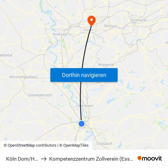 Köln Dom/Hbf to Kompetenzzentrum Zollverein (Essen) map
