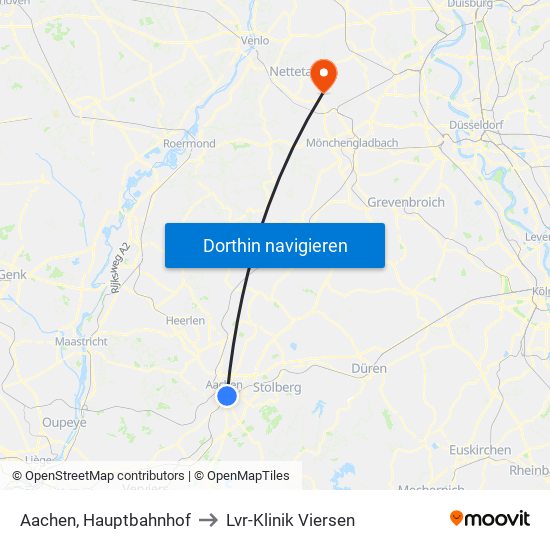 Aachen, Hauptbahnhof to Lvr-Klinik Viersen map