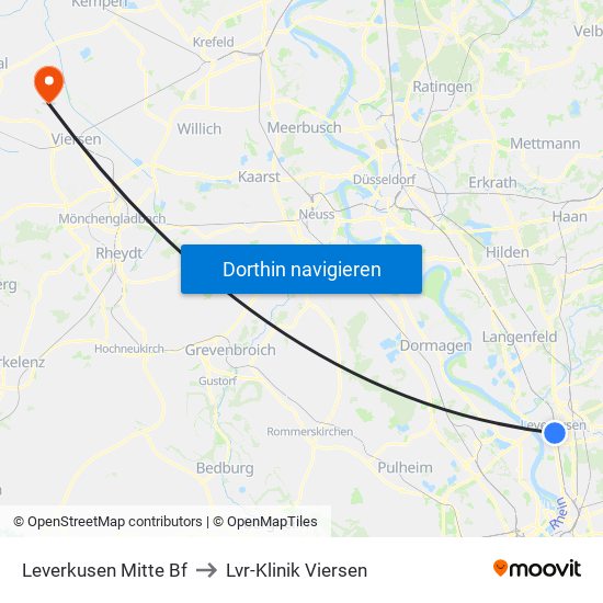 Leverkusen Mitte Bf to Lvr-Klinik Viersen map