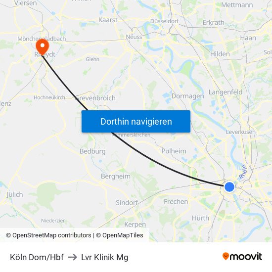 Köln Dom/Hbf to Lvr Klinik Mg map