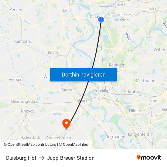 Duisburg Hbf to Jupp-Breuer-Stadion map