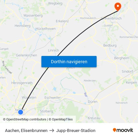 Aachen, Elisenbrunnen to Jupp-Breuer-Stadion map