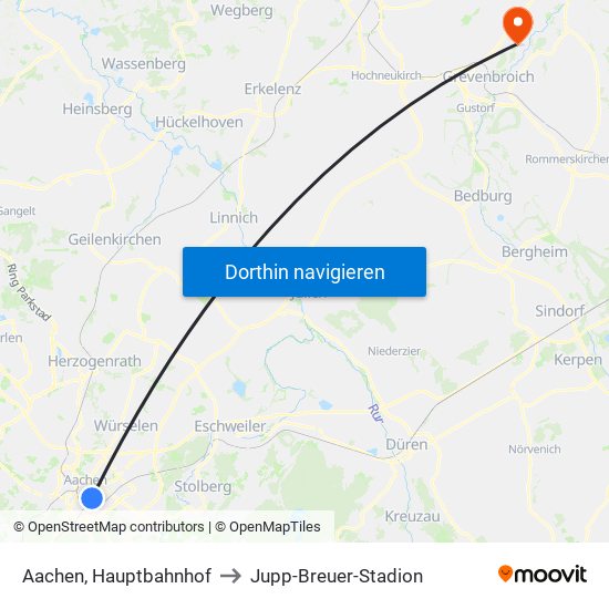 Aachen, Hauptbahnhof to Jupp-Breuer-Stadion map