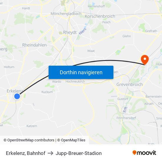 Erkelenz, Bahnhof to Jupp-Breuer-Stadion map