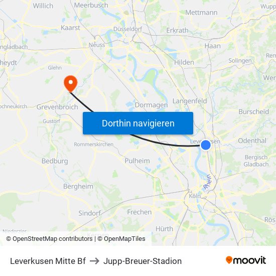 Leverkusen Mitte Bf to Jupp-Breuer-Stadion map