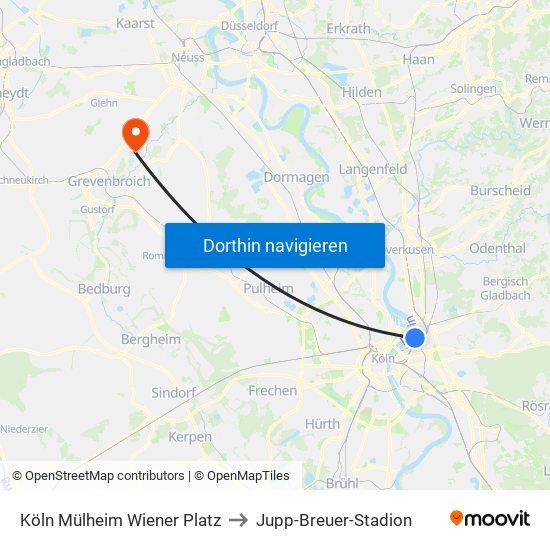 Köln Mülheim Wiener Platz to Jupp-Breuer-Stadion map