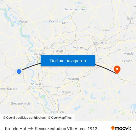 Krefeld Hbf to Reineckestadion Vfb Altena 1912 map