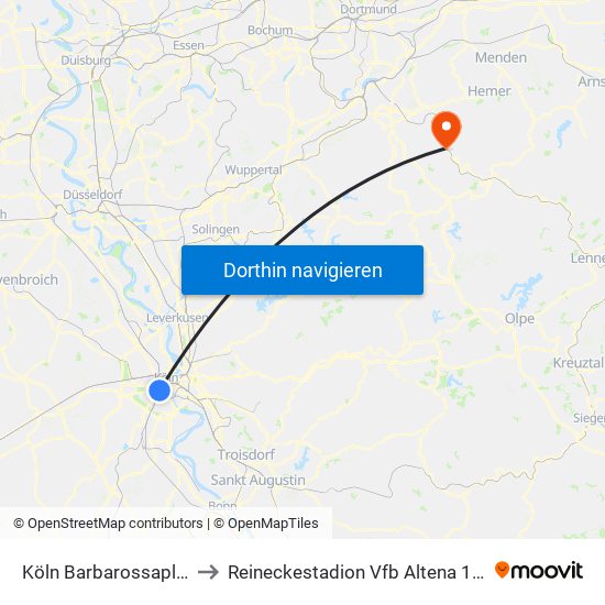 Köln Barbarossaplatz to Reineckestadion Vfb Altena 1912 map
