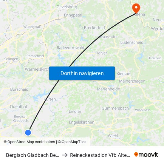 Bergisch Gladbach Bensberg to Reineckestadion Vfb Altena 1912 map