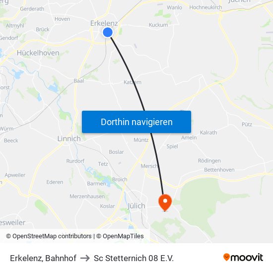 Erkelenz, Bahnhof to Sc Stetternich 08 E.V. map