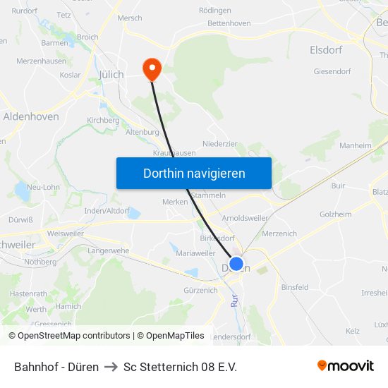 Bahnhof - Düren to Sc Stetternich 08 E.V. map