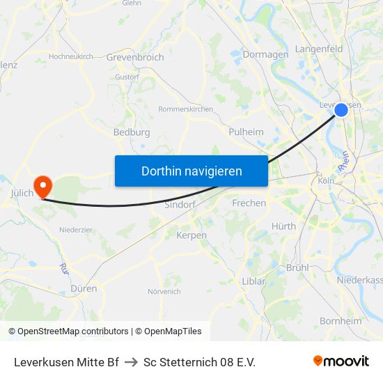 Leverkusen Mitte Bf to Sc Stetternich 08 E.V. map