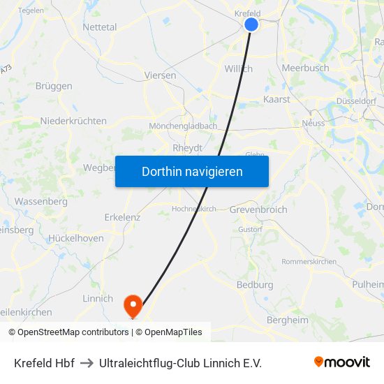 Krefeld Hbf to Ultraleichtflug-Club Linnich E.V. map