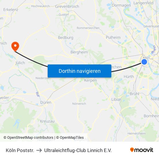 Köln Poststr. to Ultraleichtflug-Club Linnich E.V. map