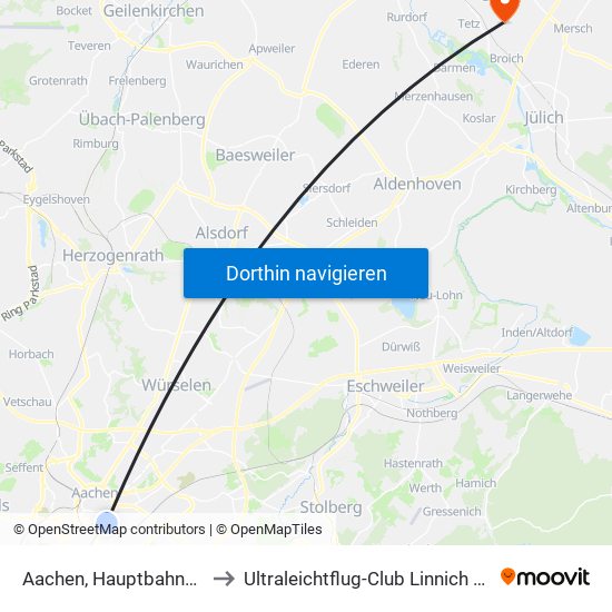 Aachen, Hauptbahnhof to Ultraleichtflug-Club Linnich E.V. map