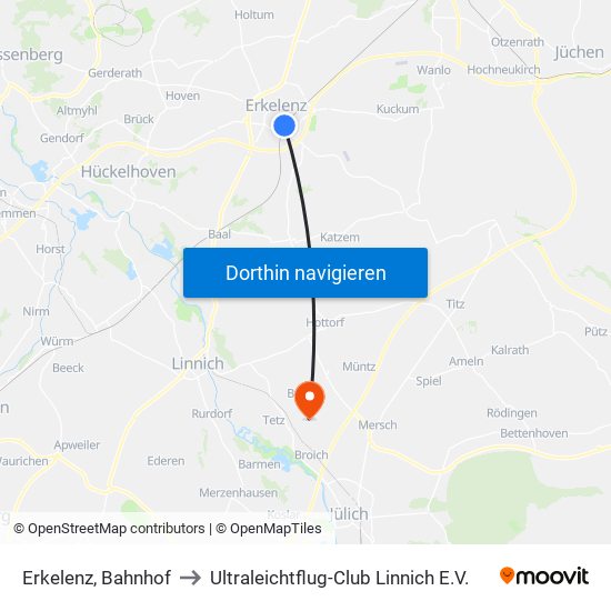 Erkelenz, Bahnhof to Ultraleichtflug-Club Linnich E.V. map