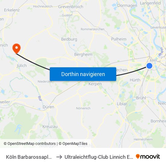 Köln Barbarossaplatz to Ultraleichtflug-Club Linnich E.V. map