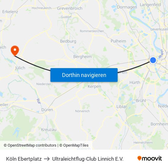 Köln Ebertplatz to Ultraleichtflug-Club Linnich E.V. map