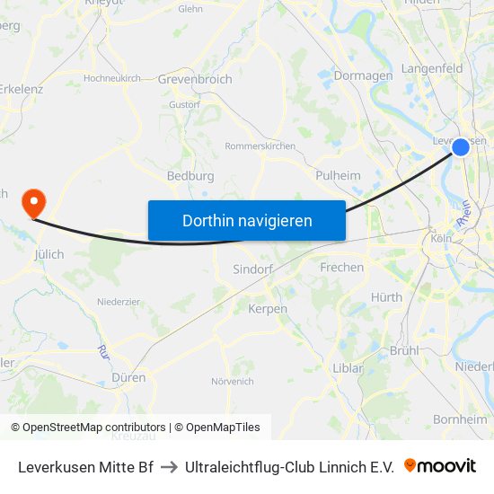 Leverkusen Mitte Bf to Ultraleichtflug-Club Linnich E.V. map