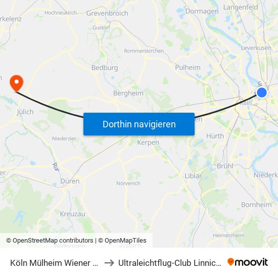 Köln Mülheim Wiener Platz to Ultraleichtflug-Club Linnich E.V. map