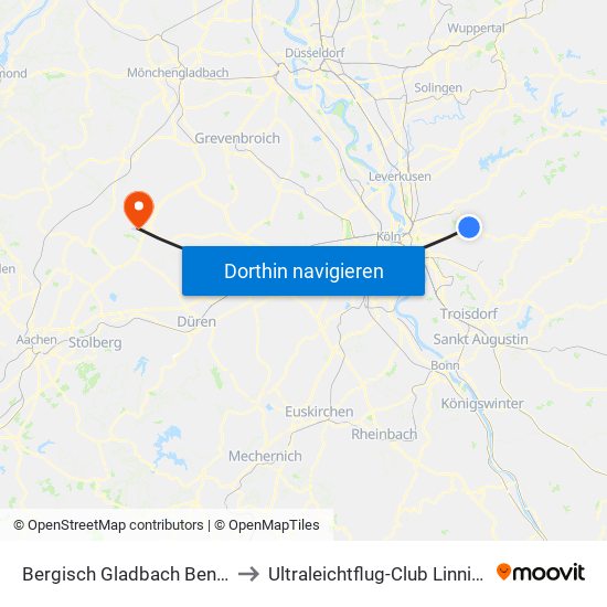 Bergisch Gladbach Bensberg to Ultraleichtflug-Club Linnich E.V. map