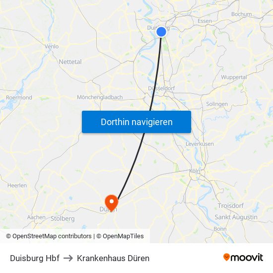 Duisburg Hbf to Krankenhaus Düren map