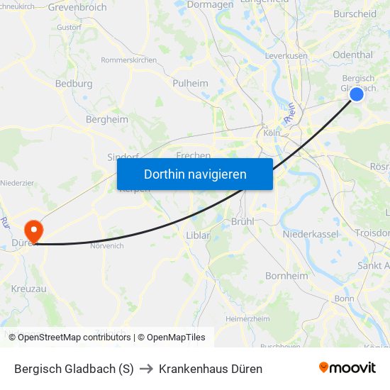 Bergisch Gladbach (S) to Krankenhaus Düren map