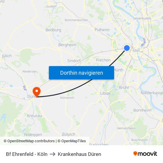 Bf Ehrenfeld - Köln to Krankenhaus Düren map