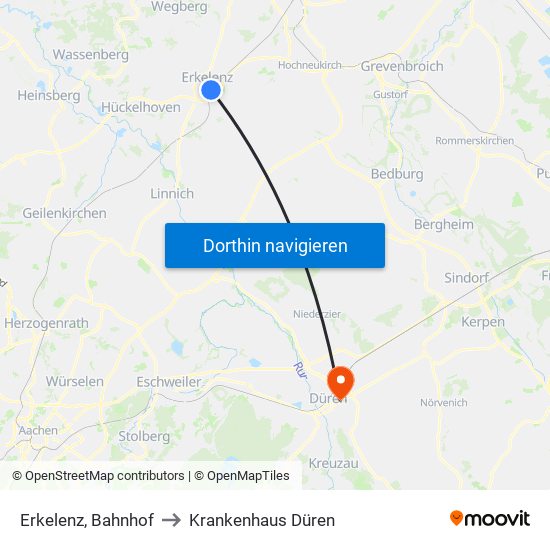 Erkelenz, Bahnhof to Krankenhaus Düren map