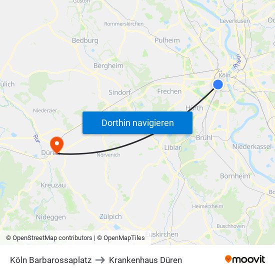 Köln Barbarossaplatz to Krankenhaus Düren map