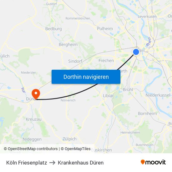 Köln Friesenplatz to Krankenhaus Düren map