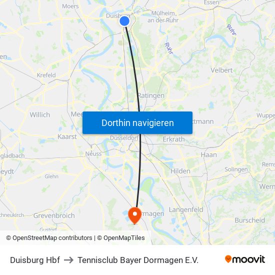 Duisburg Hbf to Tennisclub Bayer Dormagen E.V. map