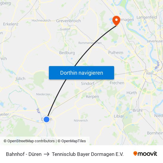 Bahnhof - Düren to Tennisclub Bayer Dormagen E.V. map