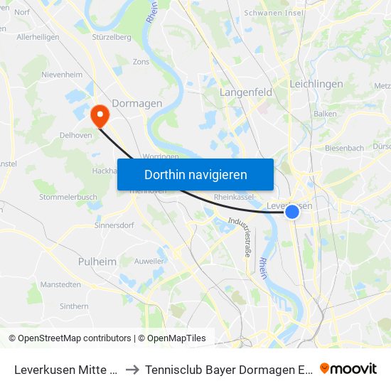 Leverkusen Mitte Bf to Tennisclub Bayer Dormagen E.V. map