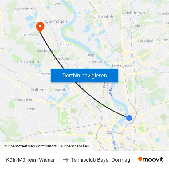 Köln Mülheim Wiener Platz to Tennisclub Bayer Dormagen E.V. map