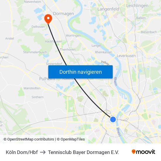 Köln Dom/Hbf to Tennisclub Bayer Dormagen E.V. map