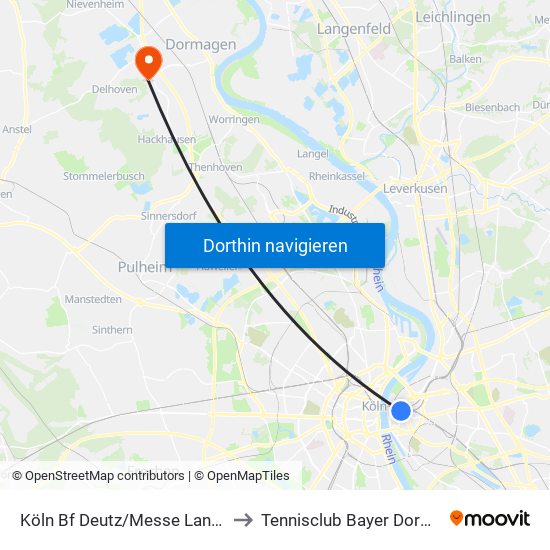 Köln Bf Deutz/Messe Lanxess Arena to Tennisclub Bayer Dormagen E.V. map