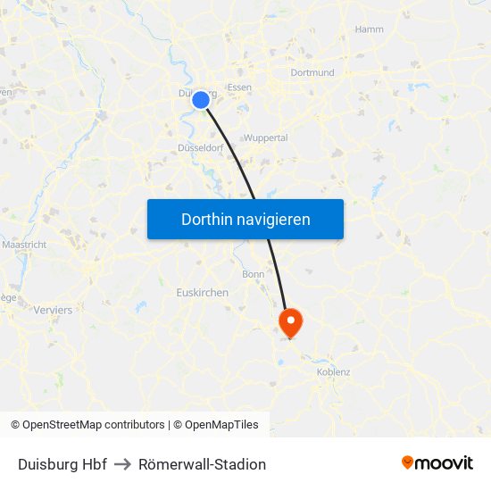 Duisburg Hbf to Römerwall-Stadion map