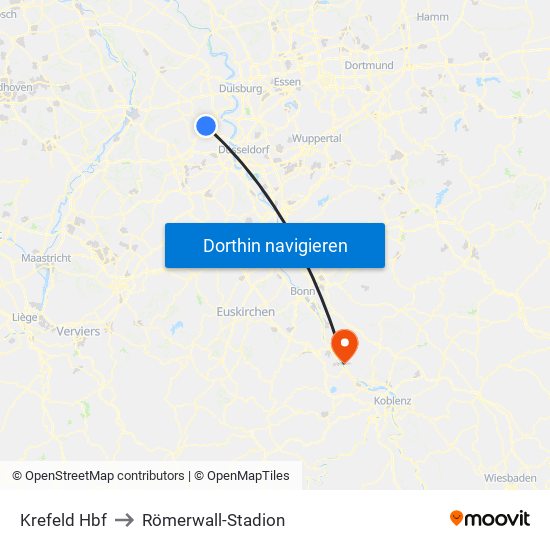 Krefeld Hbf to Römerwall-Stadion map