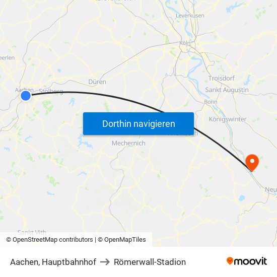 Aachen, Hauptbahnhof to Römerwall-Stadion map