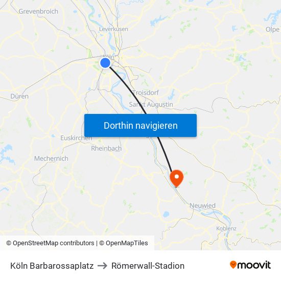 Köln Barbarossaplatz to Römerwall-Stadion map