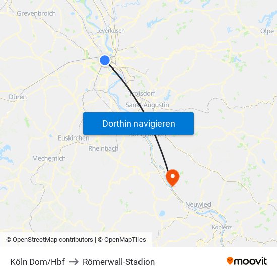 Köln Dom/Hbf to Römerwall-Stadion map
