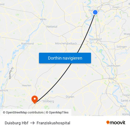 Duisburg Hbf to Franziskushospital map