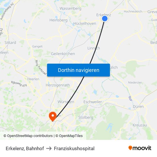 Erkelenz, Bahnhof to Franziskushospital map