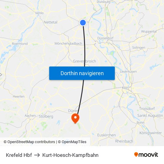 Krefeld Hbf to Kurt-Hoesch-Kampfbahn map