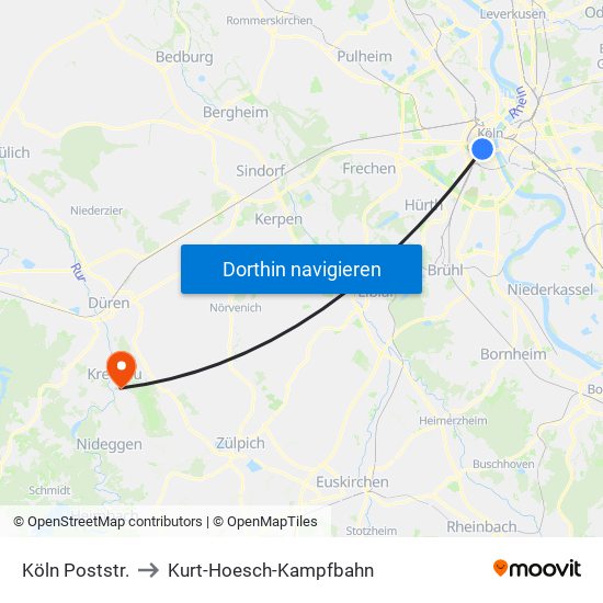 Köln Poststr. to Kurt-Hoesch-Kampfbahn map