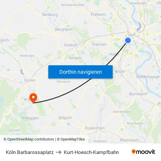 Köln Barbarossaplatz to Kurt-Hoesch-Kampfbahn map